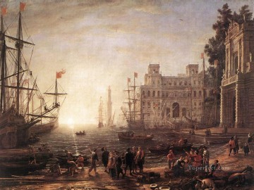 landscape Painting - Port Scene with the Villa Medici landscape Claude Lorrain Beach